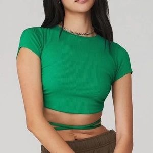 ALO Yoga Ribbed Manifest Short Sleeve Top Emerald Green